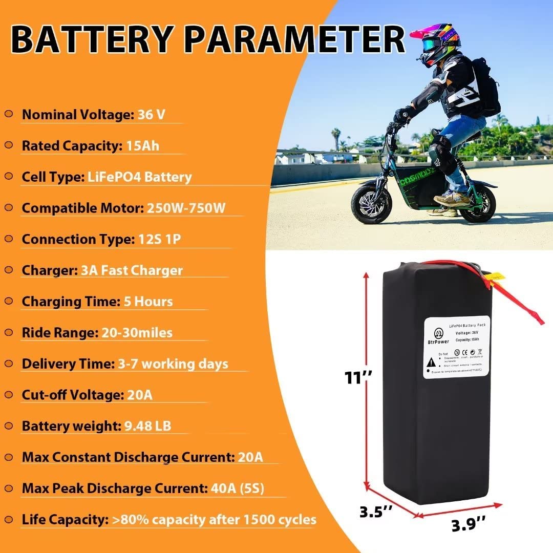 electric power pack for bicycle 36v 15Ah Lifepo4 Battery Pack for 750W Ebike Electric Bike Scooter wit – BtrPower