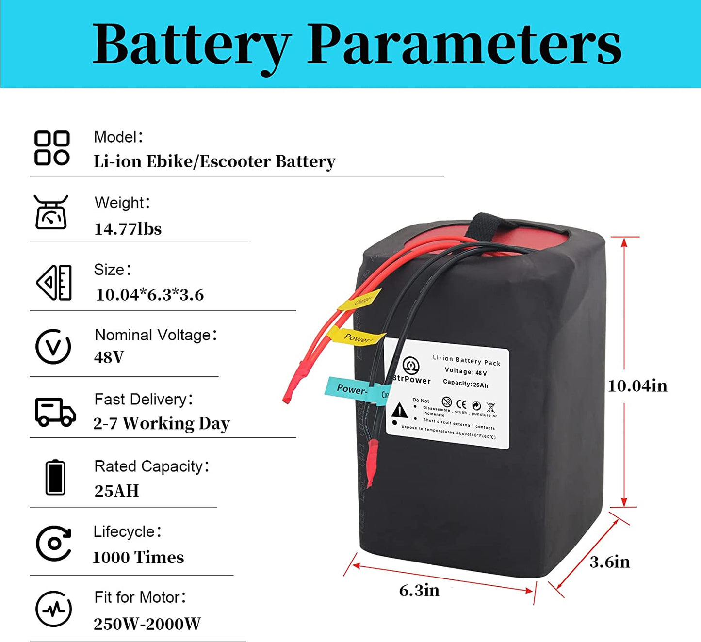 BtrPower Ebike Battery 48V 25AH Lithium ion Battery Pack with 5A Charger, 40A BMS