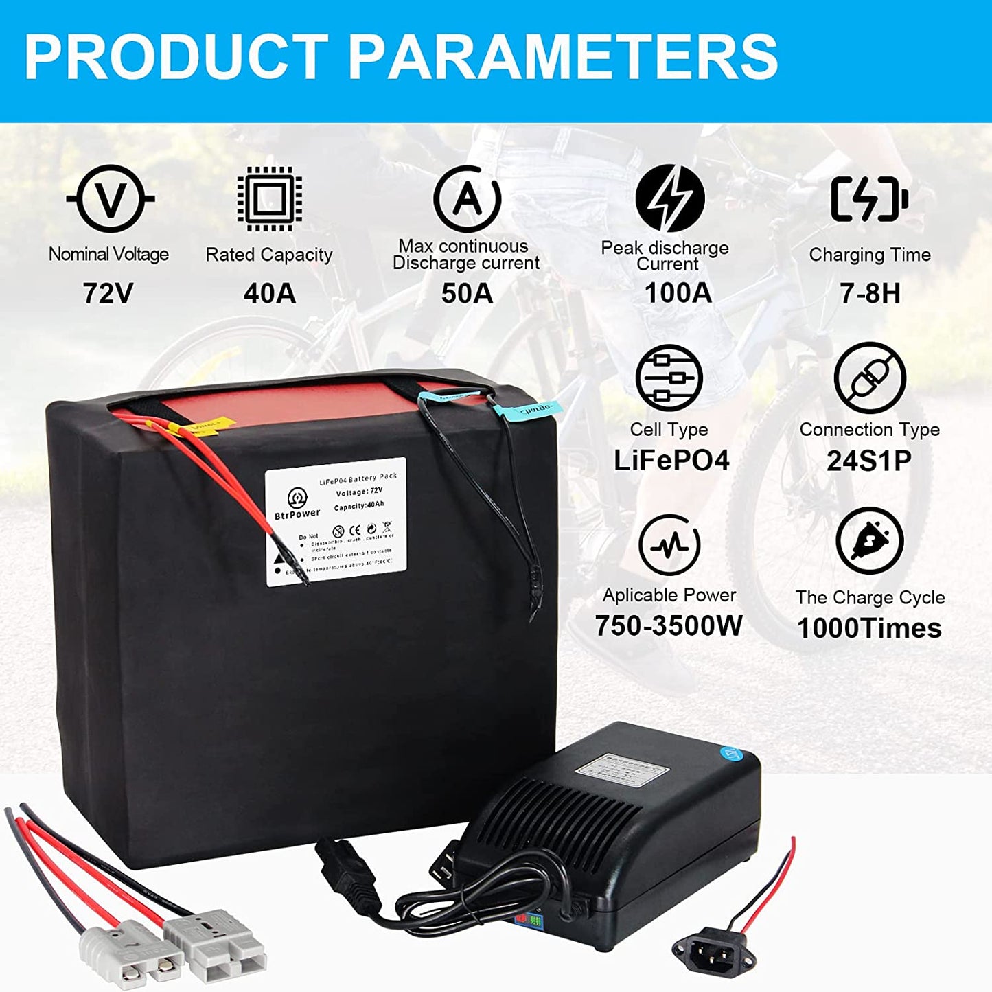 BtrPower Ebike Battery 72V 40AH LiFePO4 Battery Pack with 5A Charger 80A BMS