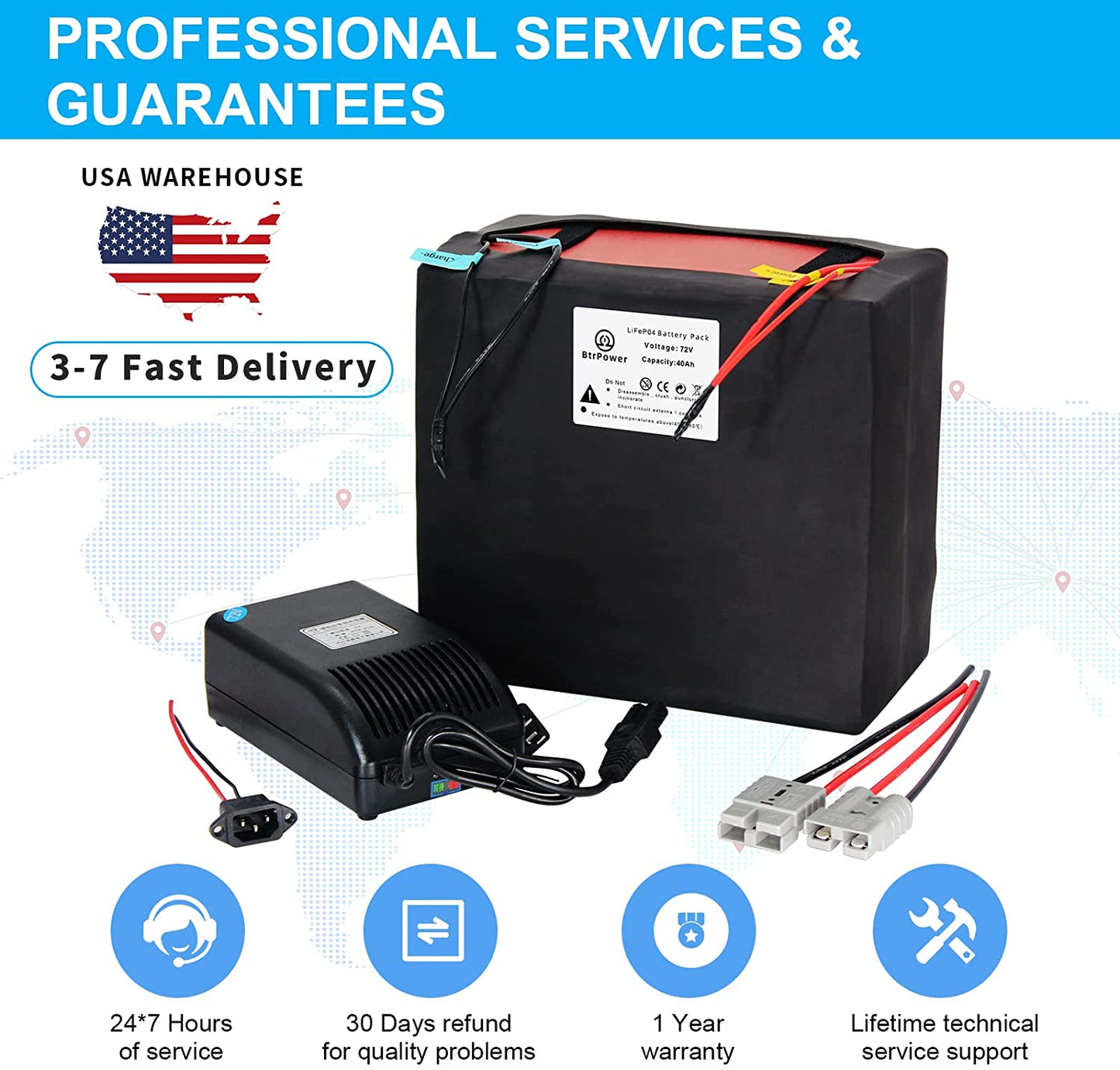 BtrPower Ebike Battery 72V 40AH LiFePO4 Battery Pack with 5A Charger 80A BMS