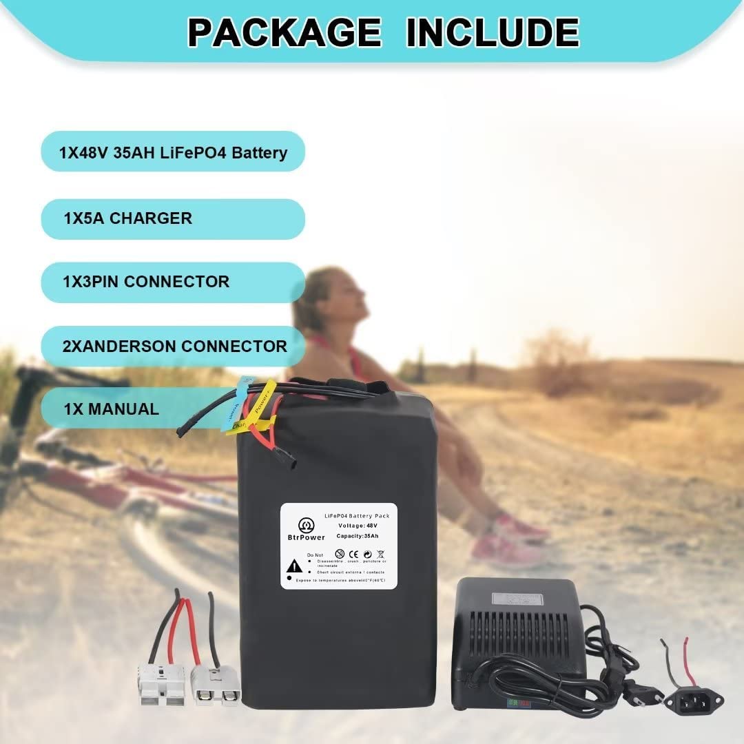BtrPower Ebike Battery 48V 35AH LiFePO4 Battery Pack with 5A Charger, 50A BMS