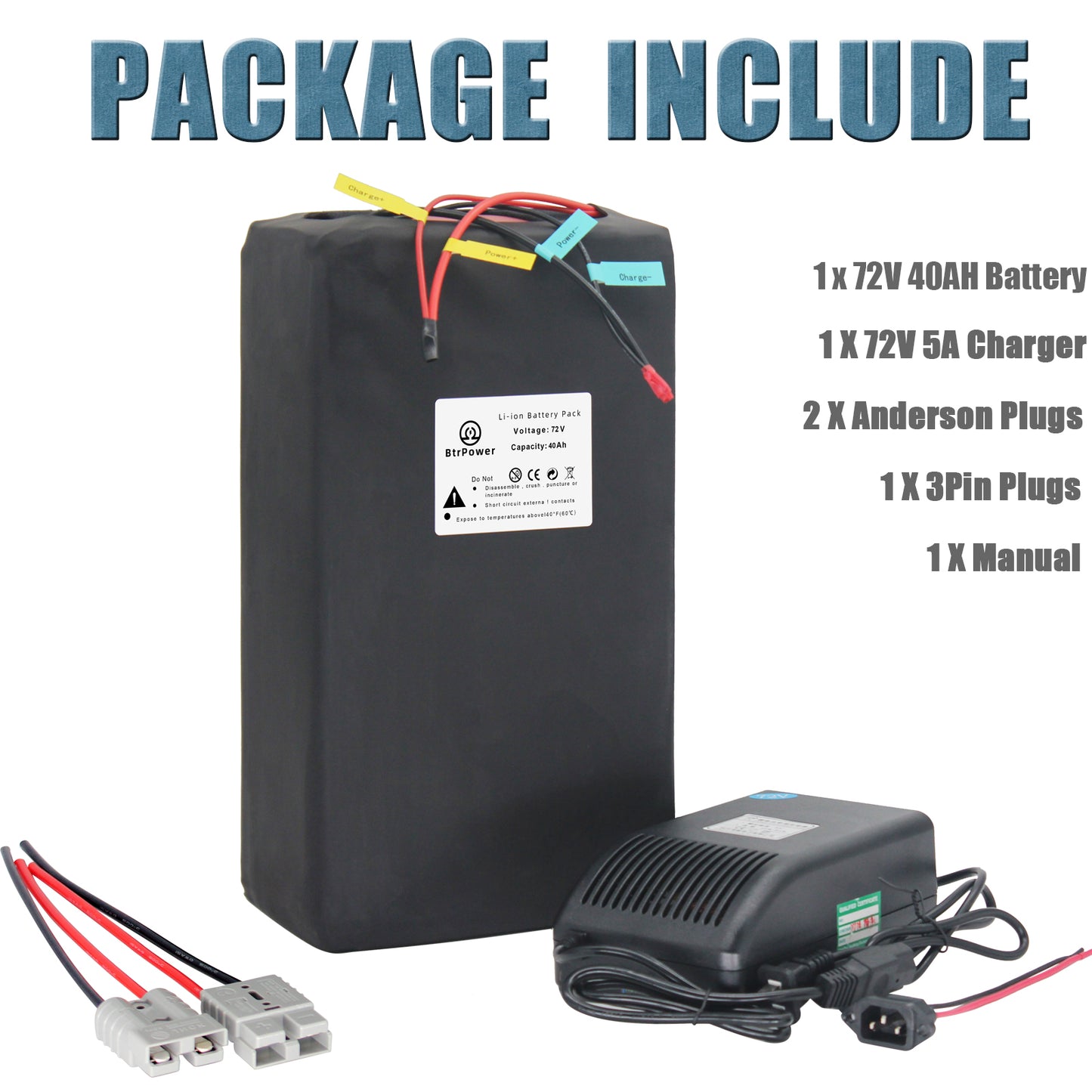 BtrPower Ebike Battery 72V 40AH Li-ion Battery Pack with 5A Charger 50A BMS