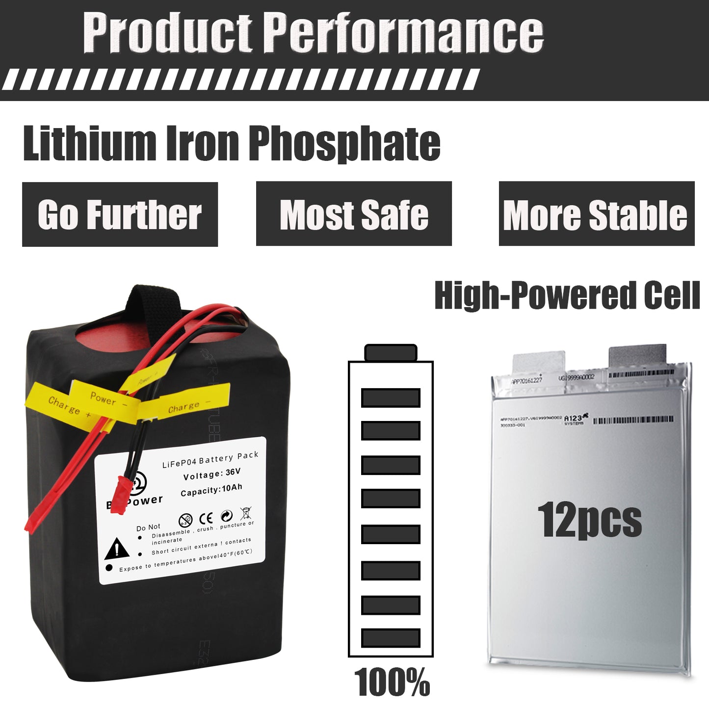 BtrPower Ebike Battery 36V 10AH LiFePo4 Battery Pack with 3A Charger, 20A BMS