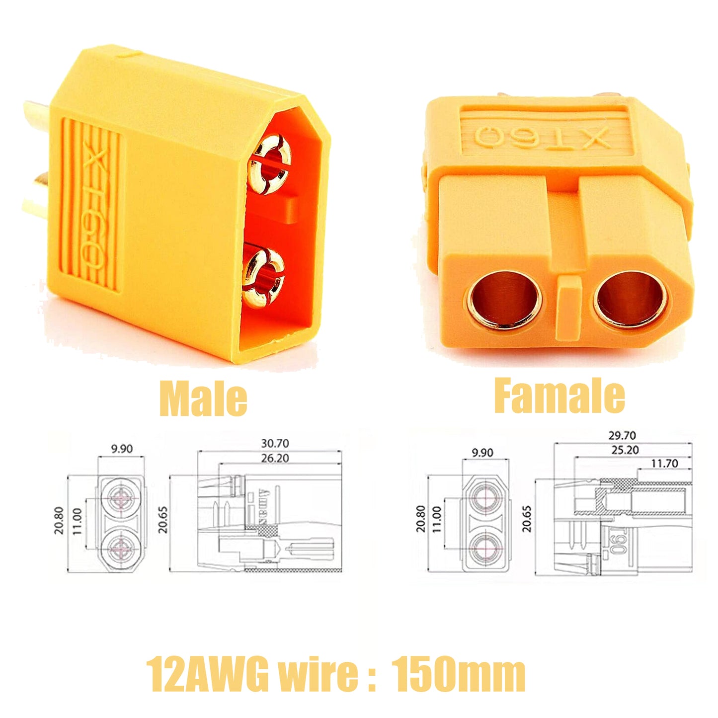 BtrPower 2pair XT60 Male Female Connector with 150mm 12AWG Silicone Wire